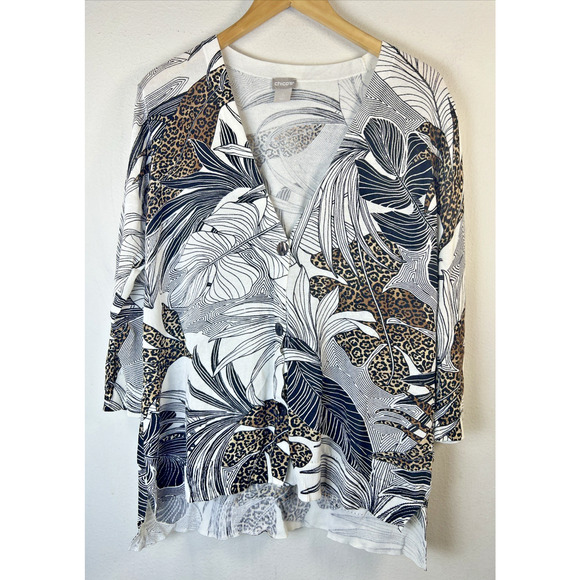 Chico's 2 large chicos Cardigan sweater Animal White Black Brown cheetah Open - Picture 2 of 10